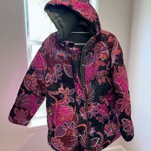 Avec Les Filles women’s Floral Puffer Jacket - Pink and Black. REVERSIBLE !!!